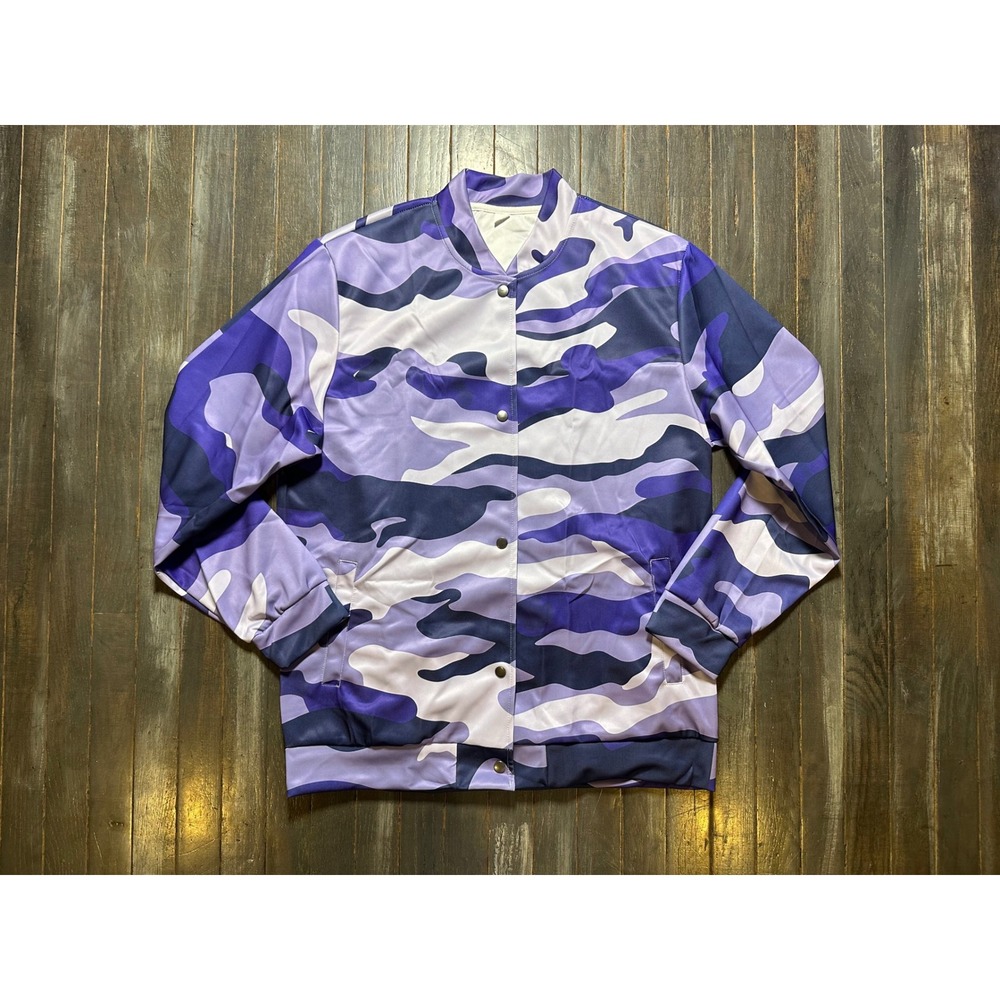 Purple Camouflage Bomber Jacket Snap Front Lightweight Streetwear Camo Coat